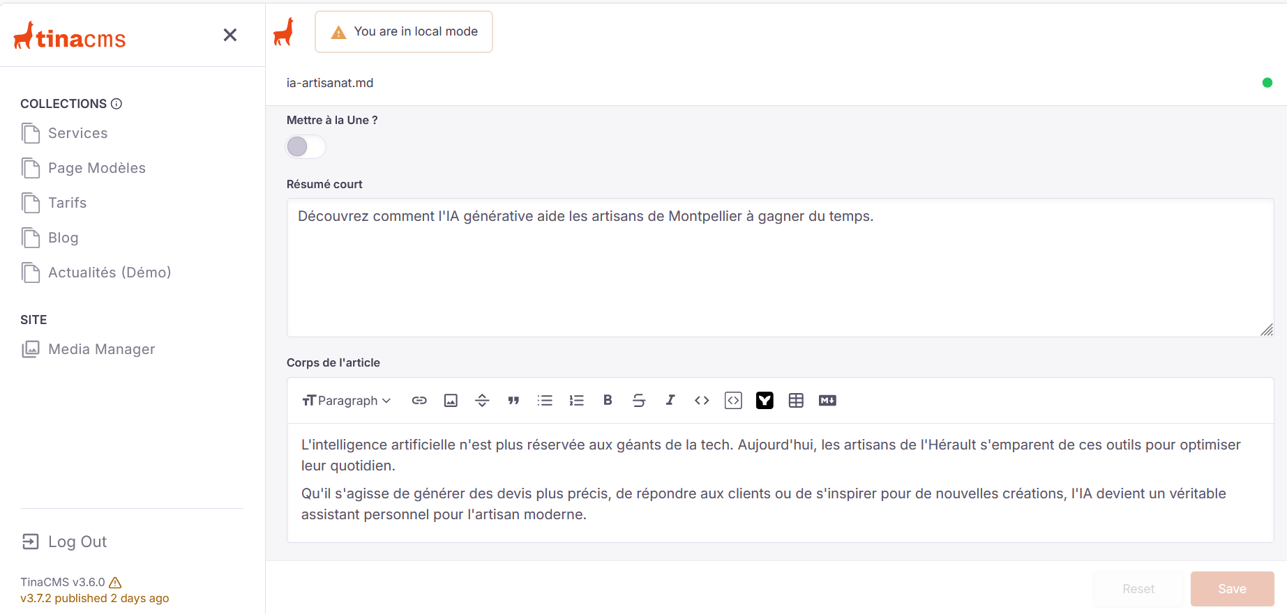 Aperçu de l'interface d'édition TinaCMS